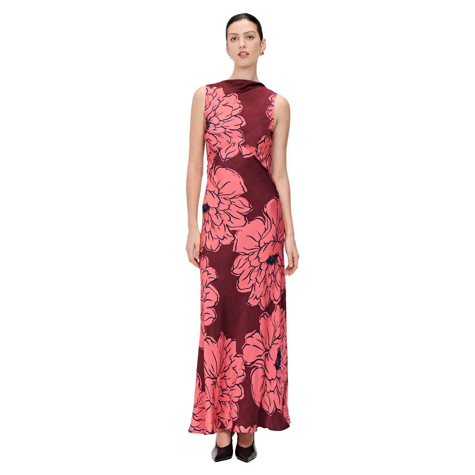 Veronika Maine Coral Peony Satin Maxi Bias Dress